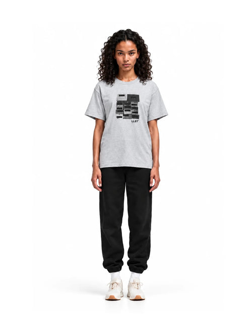 LLST Blocked Out Logos Tee in Heather Grey on model